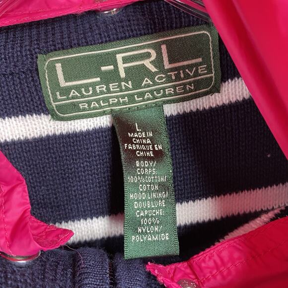 LRL Ralph Lauren Active Cardigan Womens L Blue Pink Hooded Full Zip Nautical 90s - Picture 4 of 9
